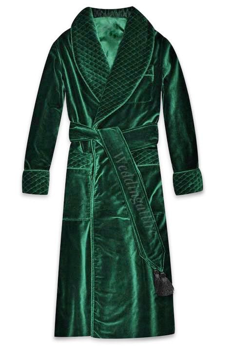 Men Smoking Robe Green Velvet Silk Warm Vintage Smoking Jacket Luxury Quilted Gebtlemen Cigar Robe
