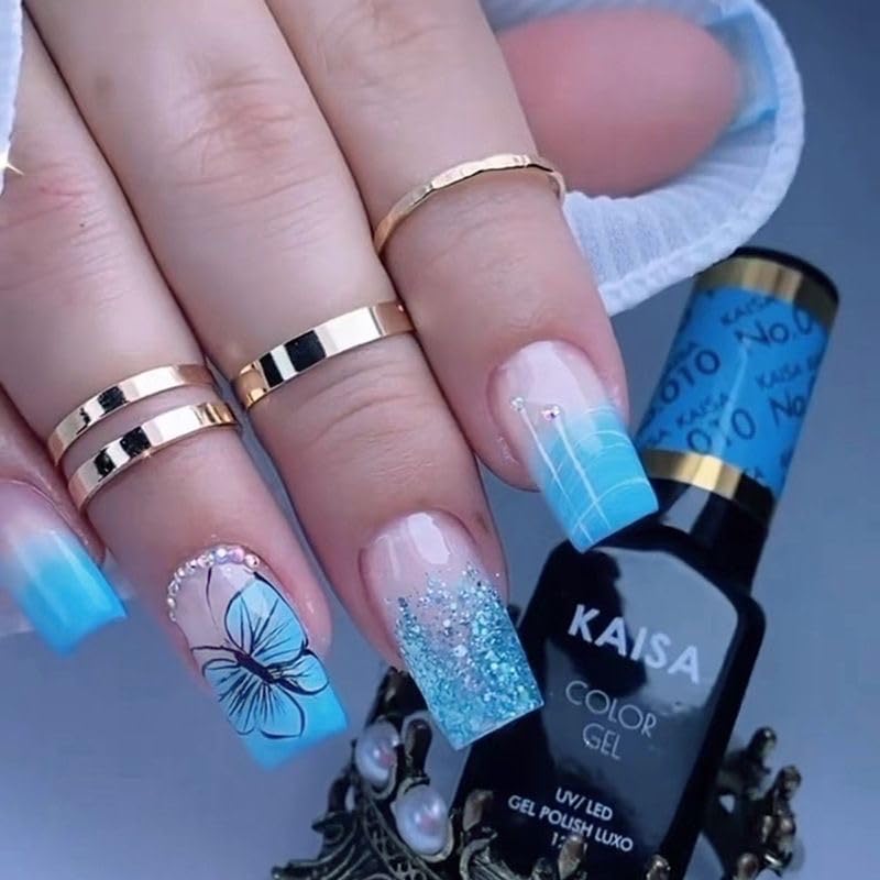 Press on Nails Professional Nail Art Gel Polish Set Blue Butterfly Design Color Gel Collection with Glitter Finish