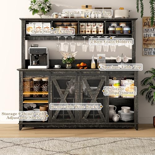 Image of 63 inchWide 58 inchH Farmhouse Coffee Bar Cabinet with Power Outlet and LED Light,Wine Bar Cabinet w / 4 Storage Hutch,Kitchen Buffet Cabinet with 15 Wine and Glass Racks for Kitchen Dining Room(Dark Oak)