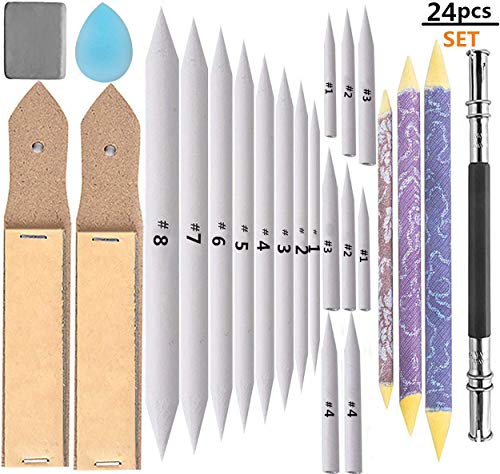 24 Pieces Blending Stumps and Tortillions Set with 2 Pcs Sandpaper Pencil Sharpener