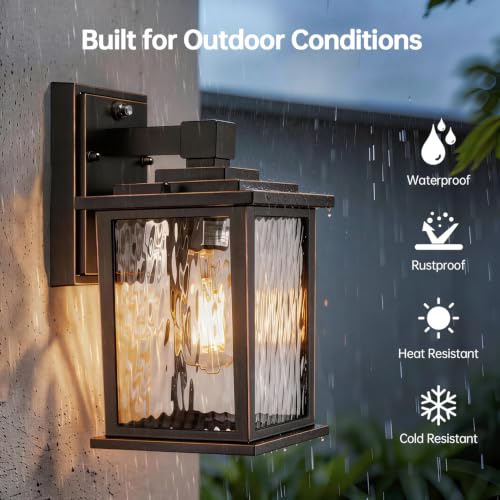 Image of Dusk to Dawn Outdoor Light Fixture, Oil-Rubbed Bronze Porch Light | 12'' Aluminum Outside Wall Lantern with Water Ripple Glass, Hardwired Exterior Sconce for Patio Garage, Bulb Not Included
