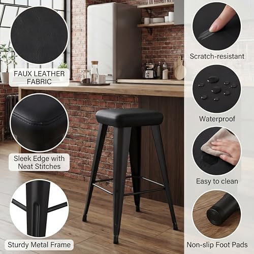 Image of Yongchuang Black Bar Stools Set of 2, 24 inch Upholstered Counter Stools with Metal Legs PU Leather Modern Backless Kitchen Barstools
