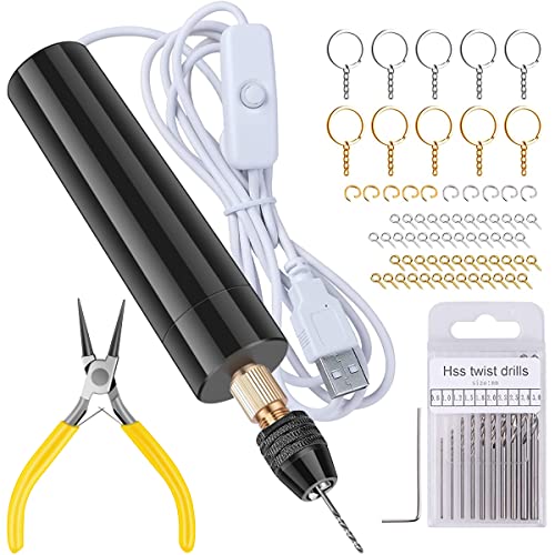Electric Drill Kit USB Powered Pin Vise Set Portable Hand Keychain Making Kit with Screw Eye Pins 0.7-3mm Drill Bits Wrench Pliers for Resin Plastic Polymer Pendant DIY Craft Jewelry