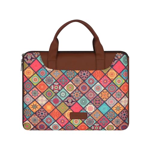 Image of Tabelito Designer Printed Laptop Sleeve for Women (13-15.6 Inch) | Jute & Vegan Leather Office Handbag | Lightweight Stylish Work Bag with Handle