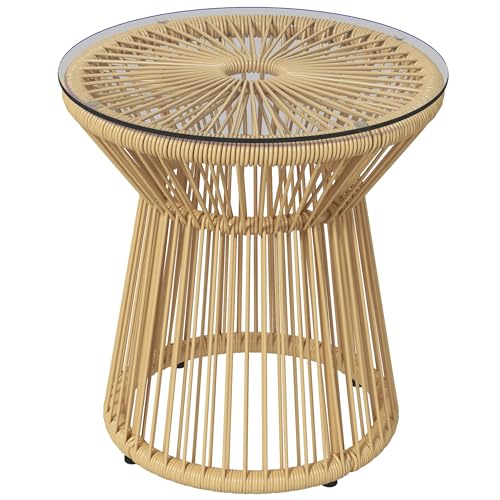 Outsunny Table de Jardin Ronde en résine tressée Imitation rotin, Table de bistrot en métal, Table d'appoint Plateau en Verre trempé Ø 40 cm, pour terrasse, Jardin,...