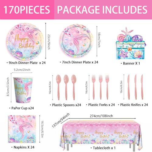 Jvorfdg 2024A-MRY-24-9 170Pcs Mermaid Birthday Party Supplies Paper Plates Napkins Under The Sea Tablecloth Banner Disposable Cup Tableware Set thumb #1