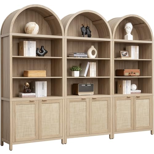 Image of SICOTAS 84.2 inch Tall Arched Bookcase with Doors - 5 Tier Rattan Bookshelf