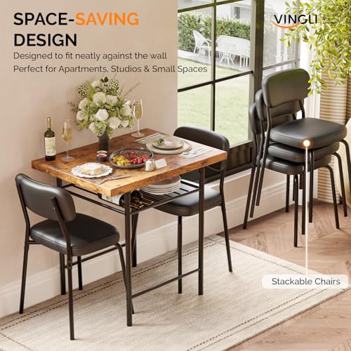 Image of VINGLI Dining Table Set for 2, Small Kitchen Table Set with Upholstered Chairs, 3-Piece Dining Set with Storage Rack, Wood Dining Room Set with Metal Legs for Small Spaces, Living Room, Rustic Brown