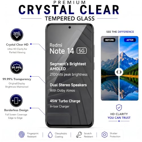 Image of ArmourPro 3D Borderless Tempered Glass for Redmi Note 14 SE and Redmi Note 14, Set of 2 HD Clear Screen Protectors with 3D Curved Edges, 9H Hardness, Oleophobic Coating, Case Friendly