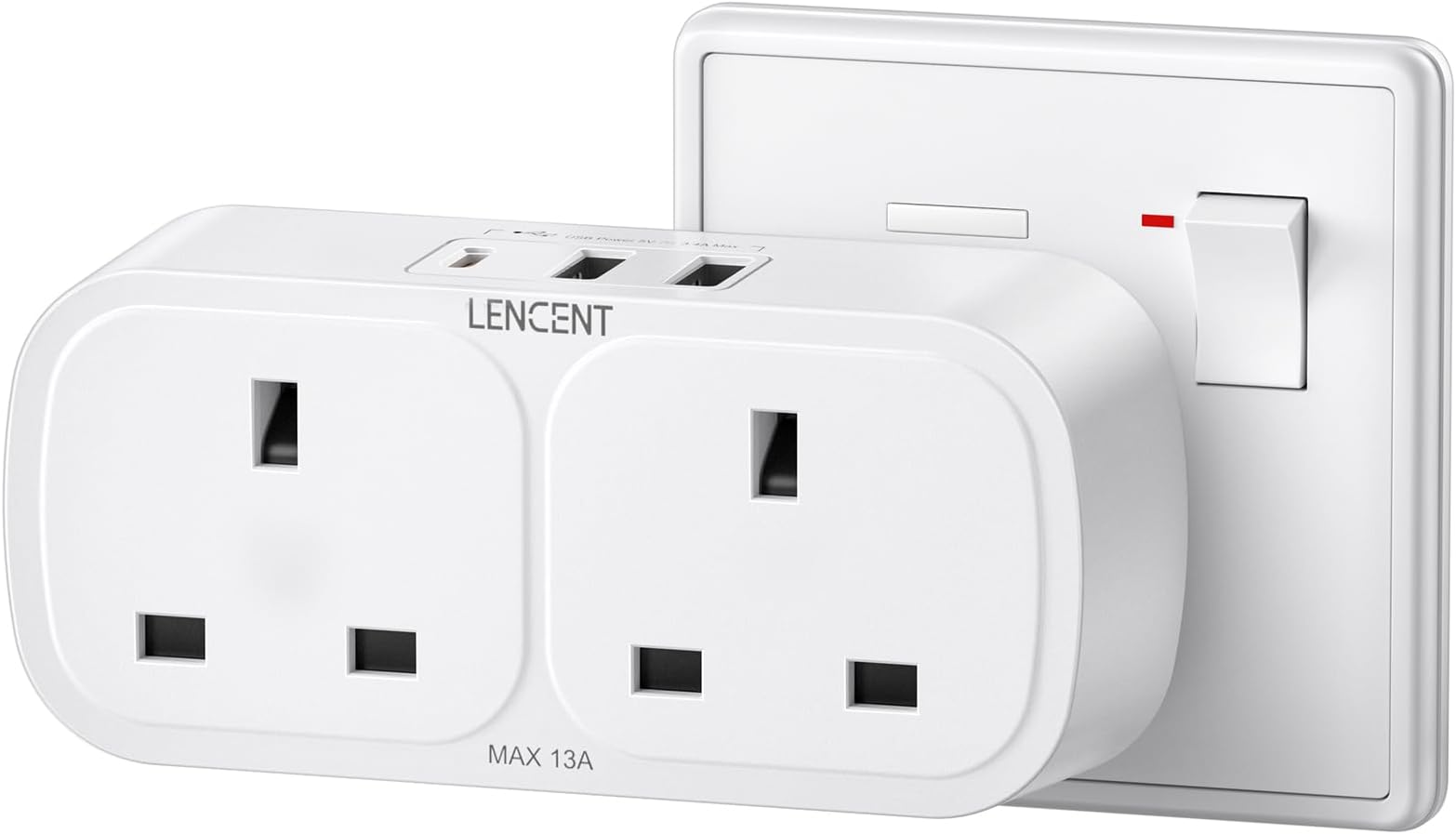 LENCENT Plug Adapter with 3 USB (Included 1 USB-C),Double Wall Plug Extension, Multi Plug 2 Gang Extender Suitable for UK, 13A 3250W for Home, Office, College dormitary