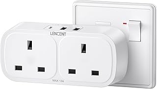 LENCENT Plug Adapter with 3 USB (Included 1 USB-C),Double Wall Plug Extension, Multi Plug 2 Gang Extender Suitable for UK, 13A 3250W for Home, Office, College dormitary