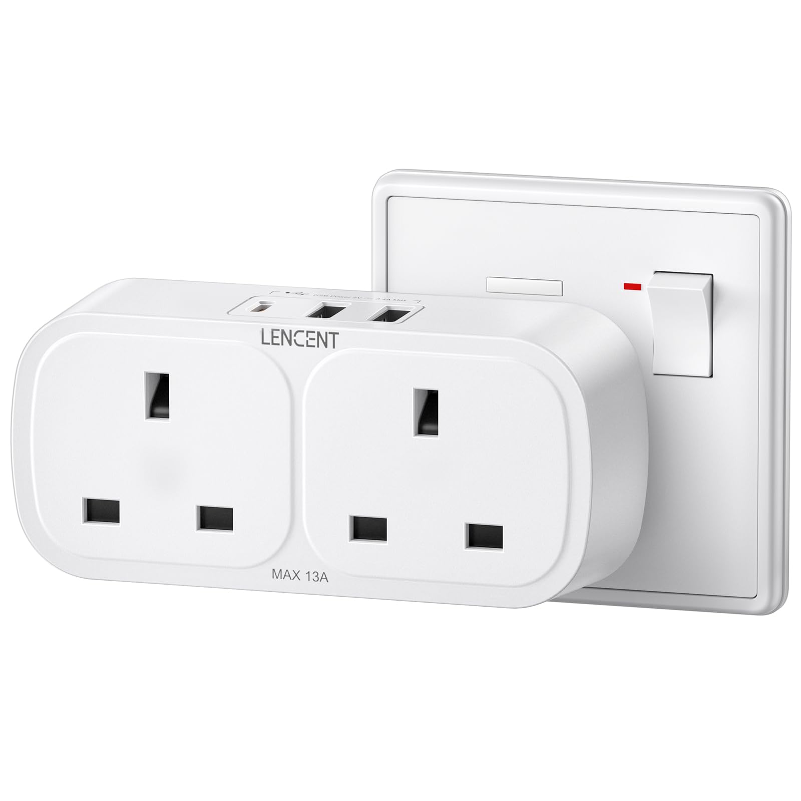 LENCENT Plug Adapter with 3 USB (Included 1 USB-C),Double Wall Plug Extension, Multi Plug 2 Gang Extender Suitable for UK, 13A 3250W for Home, Office, College dormitary