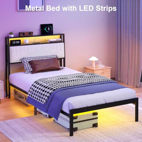 Image of J.Fkne Twin Bed Frames with LED Lights & Charging Station, Metal Platform Frame with Upholstered Headboard, No Box Spring Needed, Noise Free, Easy Assembly