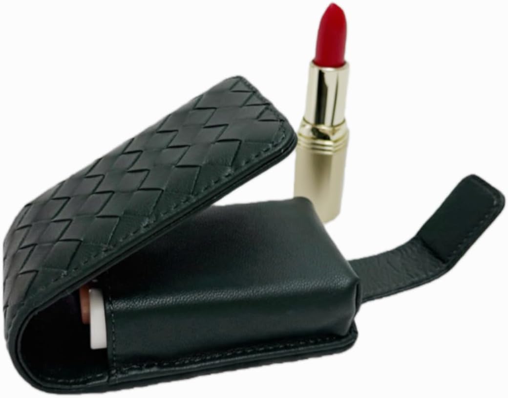 AgentMoon Handheld Lipstick Pouch with Mirror,Genuine Leather Lip Balm Case with Clamshell Magnetic Hidden Clasp and Hook for Chain.Portable Travel Cosmetic Case for Women Gift. (Dark Green Woven)