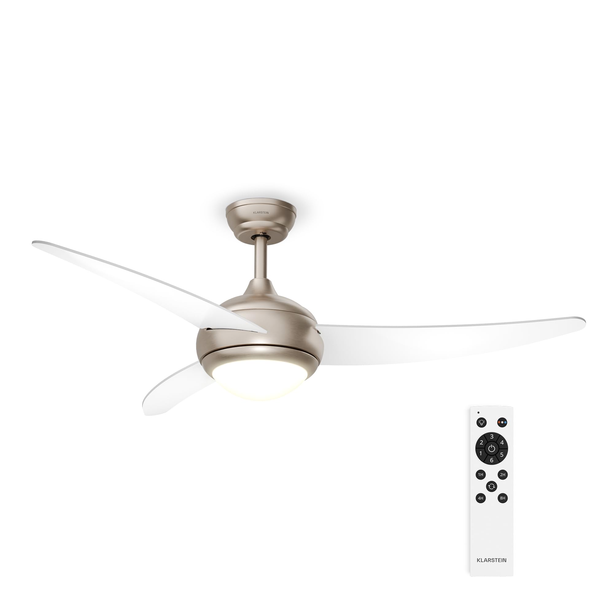 KLARSTEIN El Paso Ventilador de Techo con Luz – Silencioso, 6 Velocidades, Mando a Distancia, 3 Aspas, Interior & Exterior, Lámpara LED, 132cm, Reversible, White