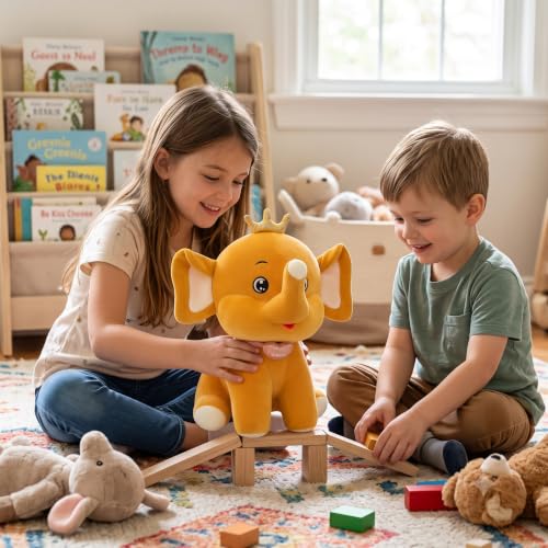 Image of Hug n Feel Premium Soft Elephant Plush Toy with Crown | 35cm Stuffed Animal for Kids, Babies & Toddlers | 100% Safe, BPA-Free, Non-Toxic & Washable | 1 Piece Brown Or Grey