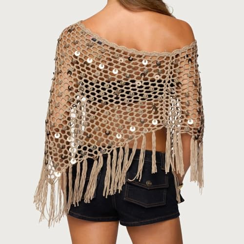 Fringe Sequin Crochet Poncho, Asymmetrical Ponchos Top Fashion Knit Mesh Beachwear Womens Sheer Shrug Knitted Cover Up3