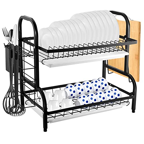 FUNYKICH Égouttoir à Vaisselle, Séchoir à Vaisselle à 2 Niveaux en Acier Carbone Égouttoir à Vaisselle avec Égouttoir, Porte-ustensiles, Support pour Planche à Découper, pour Assiette Cover
