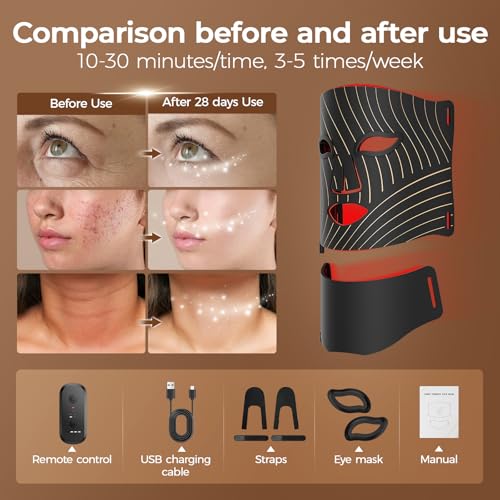 Image of ONLUKY Red Light Therapy for Face,LED Face Mask Light Therapy with Neck Device,103 3-in-1 Light Beads,Remoter Rechargeable,Timing Function,Infrared Red Light Therapy Mask for Home
