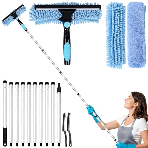 Kit de Limpieza de Ventanas (Barra 3,85 m), Limpiacristales 2-en-1 con 10 Postes de extensión de Acero Inoxidable, paños de Microfibra y cepillos para Ranuras para Ventanas Altas y Cristales de Coche