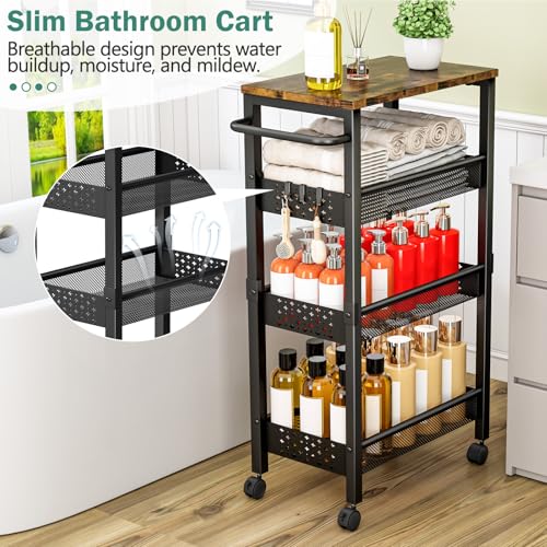 Image of Vivihomety Utility Slim Storage Cart with Wheels, 4-Tier Narrow Rolling Organizer Shelf with Wood Top, Metal Storage Rack and Space-Saving Organizer for Bathroom, Kitchen, Laundry Room, Small Spaces
