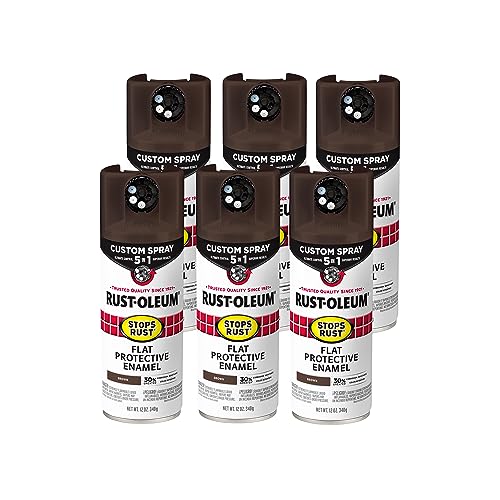 Image of Rust-Oleum Stops Rust Custom 5-in-1 Spray Paint, Flat Brown | Rust Preventive Protective Enamel, Multi Surface (Metal, Wood and More), Adjustable Dial for Better Control, Fast Dry, 6 Pack