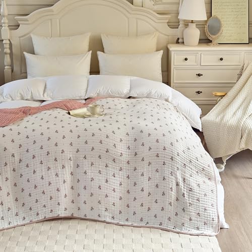Image of Muslin Throw Blanket 100% Cotton 6-Layer Gauze Red Floral Pattern Cooling Blanket Lightweight Soft Breathable Quilt for All Season Both Sides for Sofa Couch (Floral Red, Throw 50 inchx60 inch)