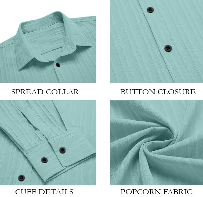 Image of FINIVO FASHION Men's Casual Cotton Plain Button Down Shirt Long Sleeve Textured Summer Beach Shirt for Men