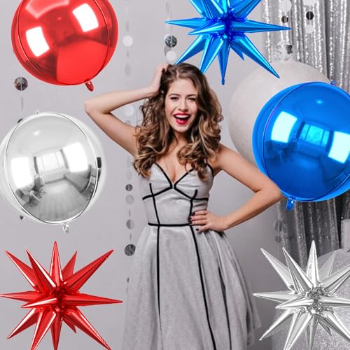 Image of 6pcs 22 inch Blue Silver Red Star Balloons and 4D Large Foil Balloons, Red Silver Star Balloon Dark Blue 4D Foil Aluminum Balloon For Birthday Baby Shower Independence Day Party Wedding Decorations