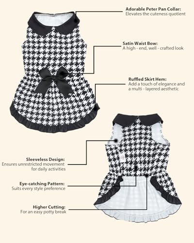 Image of CuteBone Vintage Houndstooth Pet Dress with Peter Pan Collar - Classic Black & White Pattern - Sleeveless Ruffled Skirt with Bow for Small Dogs, Cats - Elegant Daily & Party Wear