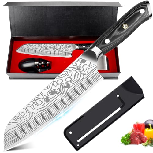 Cutiore Santoku Messer 7 Zoll, Kochmesser Küchenmesser Profi Chefmesser aus EN.4116 Edelstahl Scharfe Klinge mit Fingerschutz Messerschärfer in...