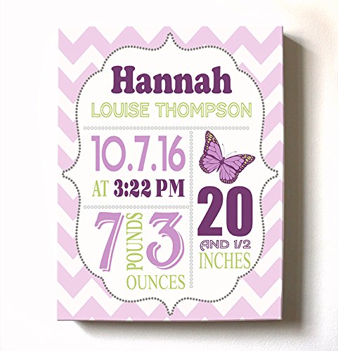 Personalized Stretched Canvas Birth Announcement Gift, Custom Baby Name, Date, Weight Stats, Newborn Butterfly Nursery Wall Art Decor, Wooden Frame Construction, Ready to Hang 20X24