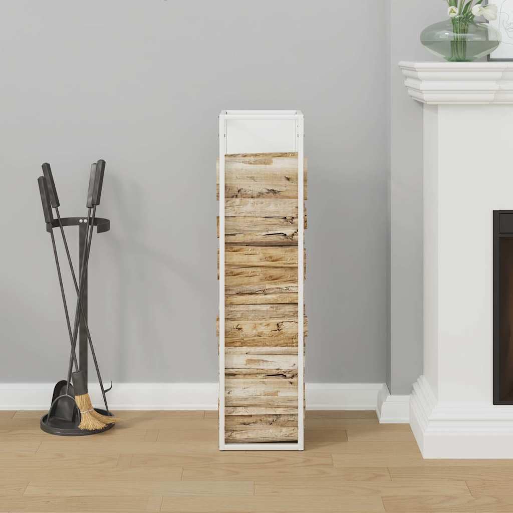Estantería para leña blanca de acero laminado en frío, 25 x 25 x 100 cm, 100 kg de carga, leña para chimenea, soporte para leña para interior, salón, chimenea, horno y almacenamiento en seco