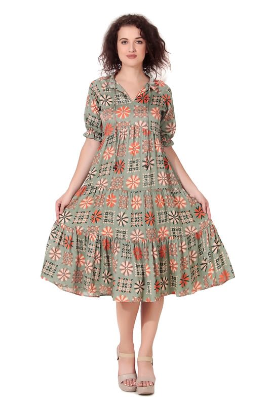 Image of Women's Viscose Tie-up Neck Puff Sleeve A-line, One Piece Midi Dress for Women Stylish Western Printed Dress