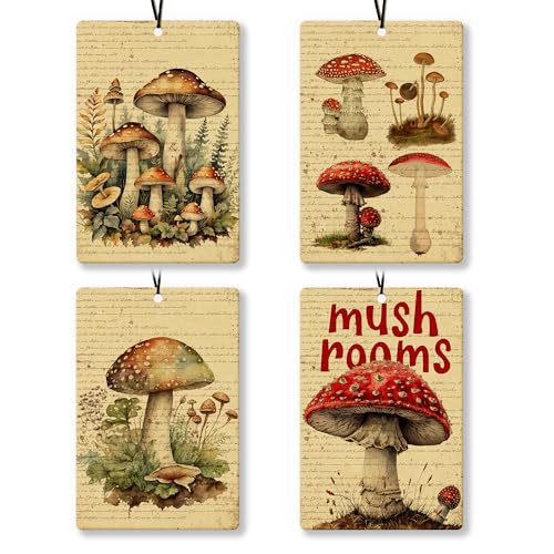 Image of Vintage Mushroom Car Air Freshener 4Pcs, Cottagecore Mushroom Botanical Air Freshener for Car Interior Closet Drawer Books, Retro Car Mirror Decor Hanging
