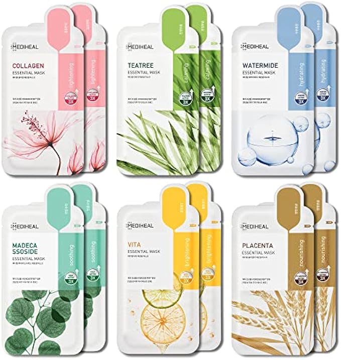 Mediheal Sheet Mask New Essential HERO 12 pack (Collagen, Tea Tree, Placenta, Madecassoside, Vita, Watermide)| Korean Skincare Facial Sheet Mask Combo, Moisturizing, Soothing and for Blemishes