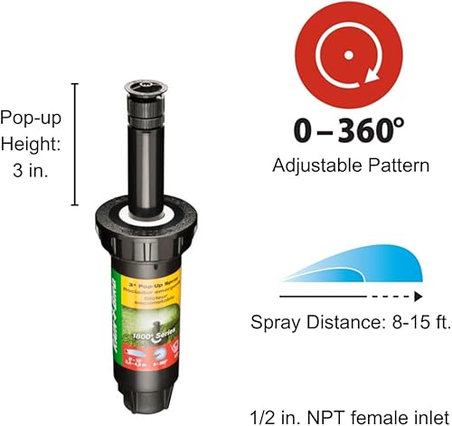 Miniatura 2 de Rain Bird 1803AP4PK - Aspersor profesional emergente, patrón ajustable de 0 a 360, distancia de pulverización de 8 a 15 pies, altura emergente de 3