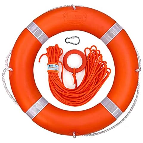 28 Inch Boat Throw Rings with Water Floating lifesaving Rope 98.4 feet, Life Ring with Fluorescent Reflective Strip, White Grab Lines Cover
