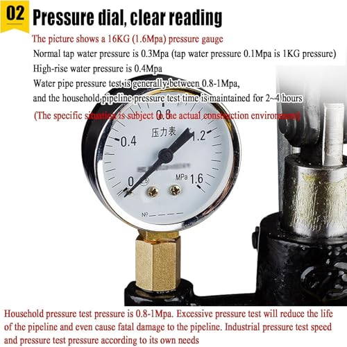 Bomba de prueba de presión manual, herramienta de prueba de presión hidráulica de 16 Mpa con válvula reductora de presión y dial, 38 ml por carrera para pruebas de tuberías