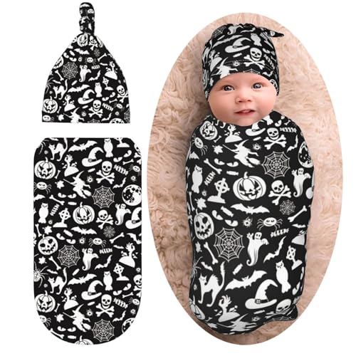 Image of Halloween Goth Newborn Swaddle Blanket Baby Stuff Gothic Baby Swaddling Blanket with Beanie Set Soft Sleeping Sack for Unisex Girls Boys