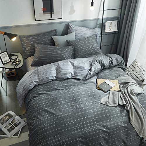 Image of VM VOUGEMARKET Grey Stripes Duvet Cover King Modern Men Bedding Set with 2 Pillow Shams -100% Cotton Reversible Luxury Boys Comforter Cover with Zipper Closure 104X90 Inch