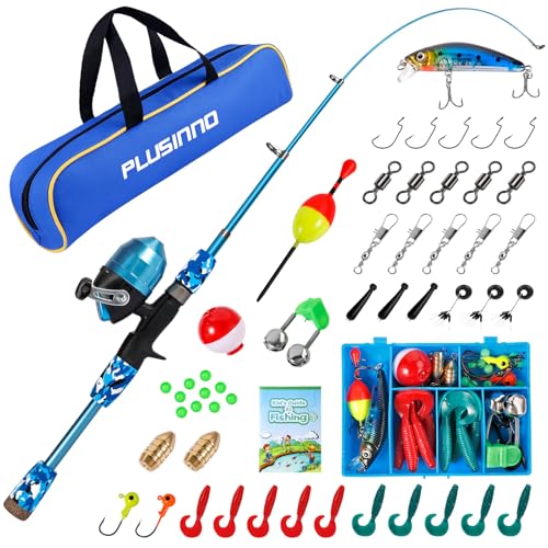 PLUSINNO Kids Fishing Pole with Spincast Reel Telescopic Fishing Rod