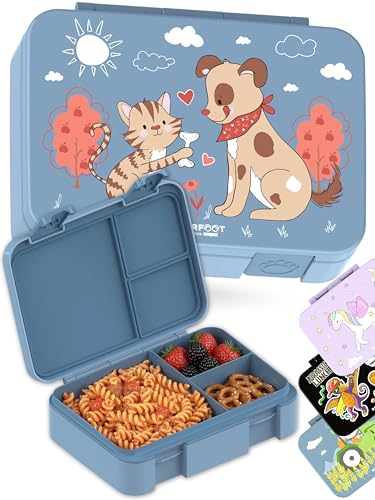 Image of BEARFOOT Kids Lunch Box with Compartments - Compact & Lightweight | Leak-Proof, BPA-Free, Dishwasher Safe | Hand-Drawn Design for Preschool, School, Travel (Dog & Cat Blue, 4 Cups) | BPA Free Leakproof Lunch Box with Compartments School & Nursery for Girls & Boys Lightweight & Compact
