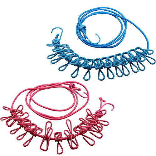 2 piezas de cuerda de secado portátil azul y rosa rojo para ropa de viaje, estilo doméstico al aire libre, resistente al viento, percha con 12 piezas de ganchos para ropa, pines para la colada