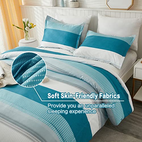 Litanika Full Comforter Set White Teal - 3 Pieces Lightweight Fluffy Bedding Comforter Sets, All Season Down Alternative Comforter (1 Comforter, 2 Pillowcases)