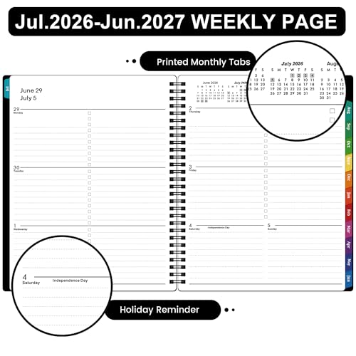 Planner 2026-2027 - July 2026 - June 2027 Calendar, 2026-2027 Planner Weekly and Monthly with Printed Tabs, 8" x 10", Flexible Cover, Twin-Wire Binding, Perfect Oganizer - Black — view 3