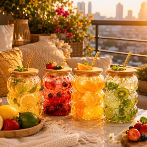 Image of Glass Tumblers with Wooden Lid and Glass Straw, 600ml, Borosilicate Glass, for Coffee, Iced Coffee, Juice and Smoothies, Coffee Mug, Sipper (Golden - Pumpkin Shape)
