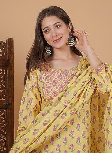Image of MEERA FAB Women's Cotton Printed Green Printed Straight Embroidery Kurta with Palazzo & Dupatta Set