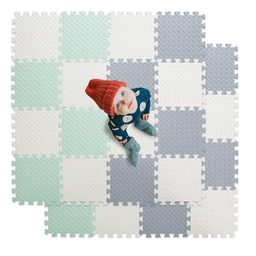 Image of Tamiplay Foam Floor Mats for Kids, 12 x 12 Inch 16 Tiles 0.4" Thickness Foam Play Mat, Non-Toxic Square Interlocking Floor Mats Rubber Baby Play Mat for Toddlers(White/Gray/Bean Green)