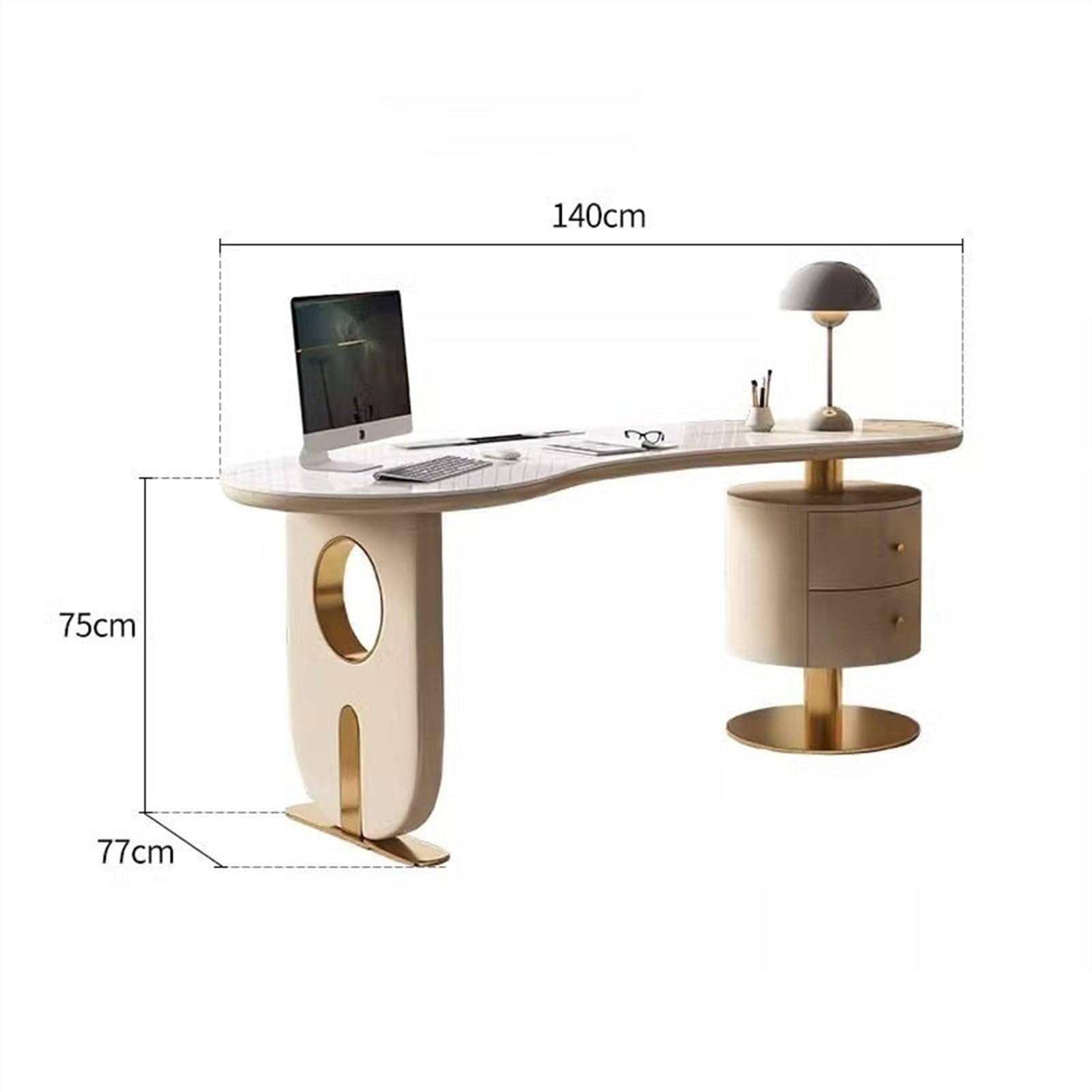 Nowoczesne zakrzywione biurko do gier – francuskie kremowe wykończenie łupkowe, lekki luksusowy stół PC do domowego biura, designerski styl, 140 x 77 x 75 cm, idealne do gier i konsultacji